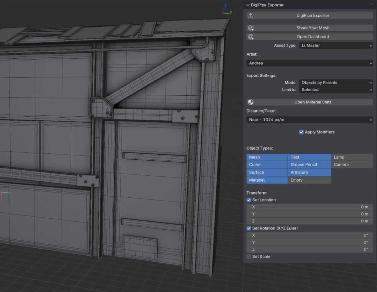 DigiPipe Exporter panel docked next to the Blender 3D viewport, with a sci-fi wall mesh in view