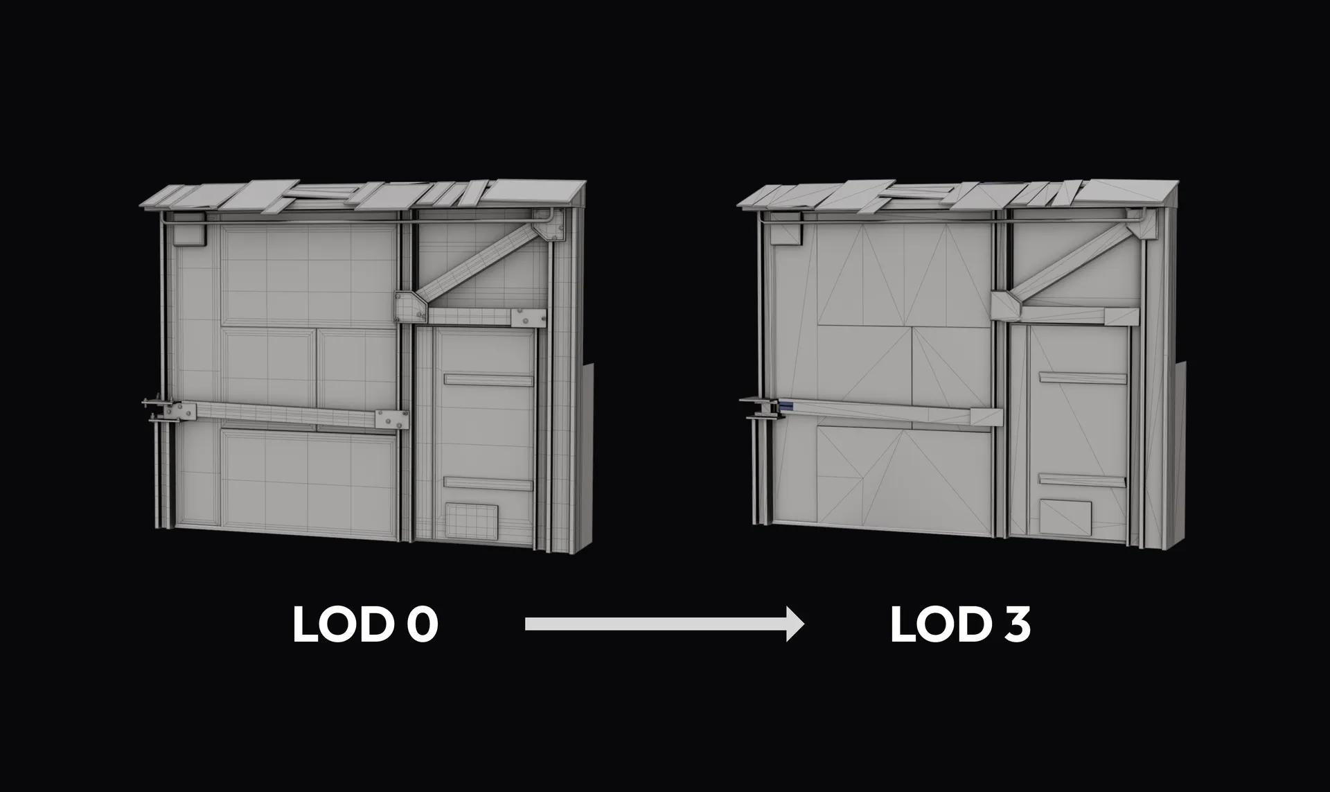 Stacked LOD chain generated by Houdini for a validated mesh, with progressive polygon reduction