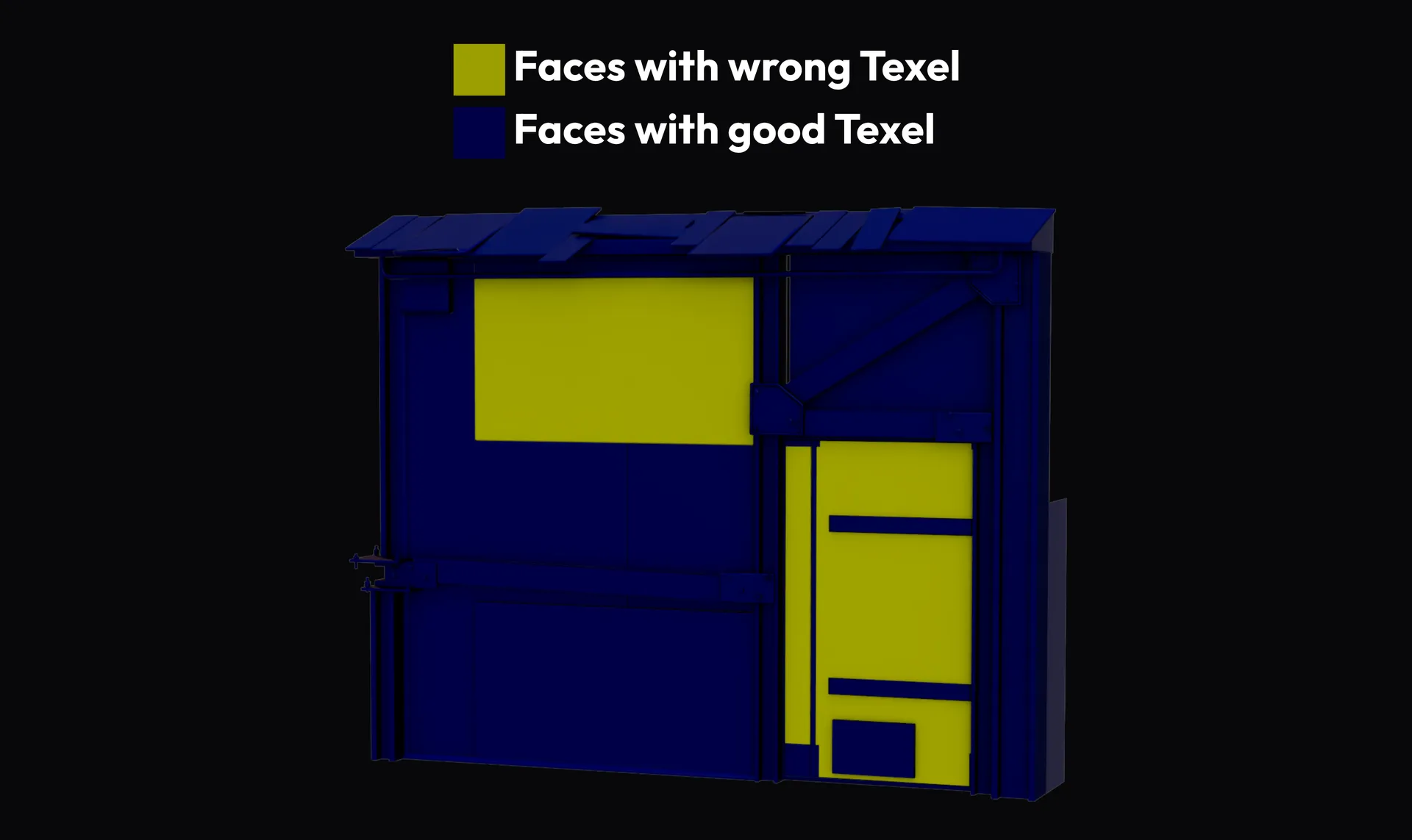 Per-face texel density diagnostic overlay highlighting UV islands that drift from the target