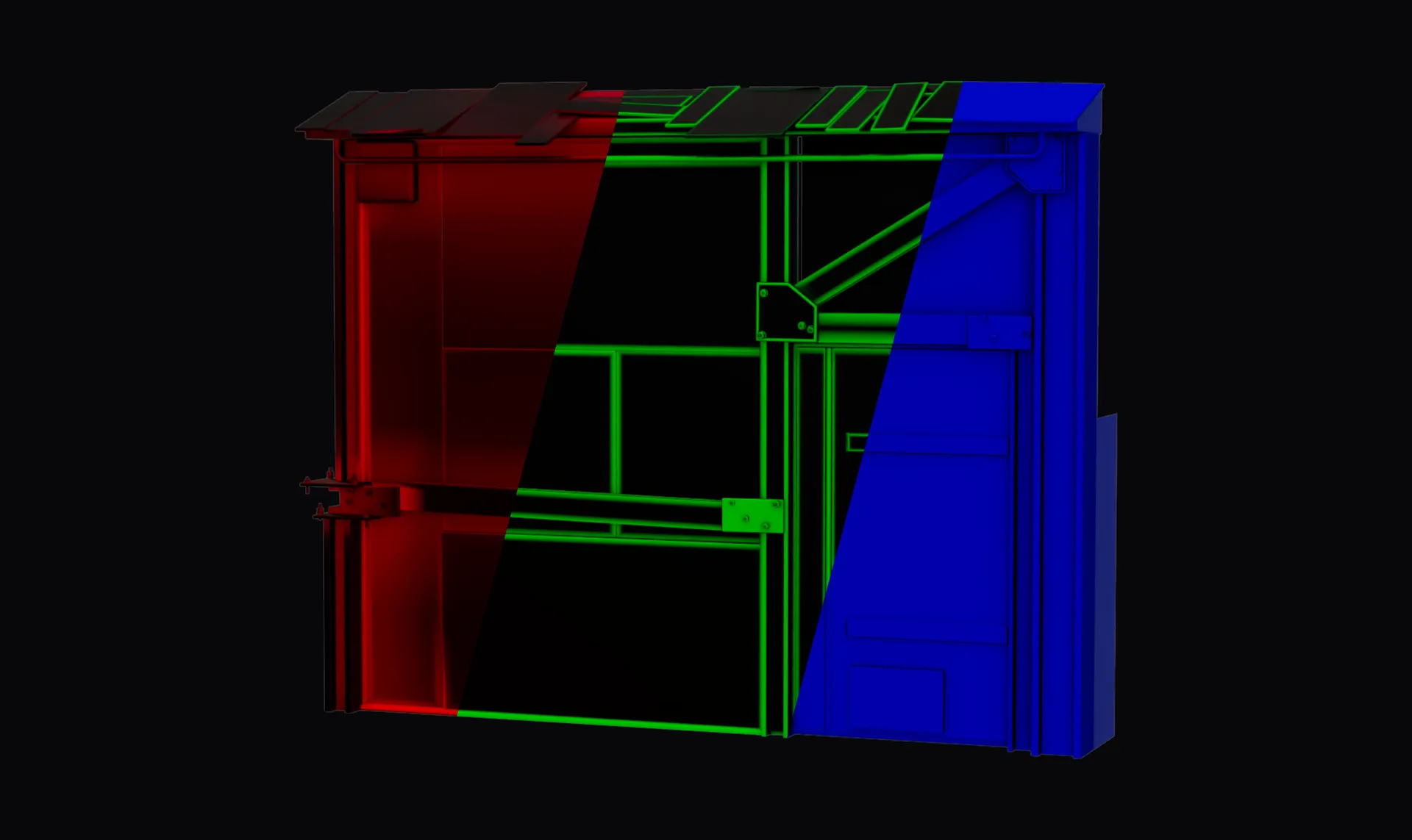 Mesh with diagnostic vertex colors baked across the R, G, B, A channels for the shader to read downstream